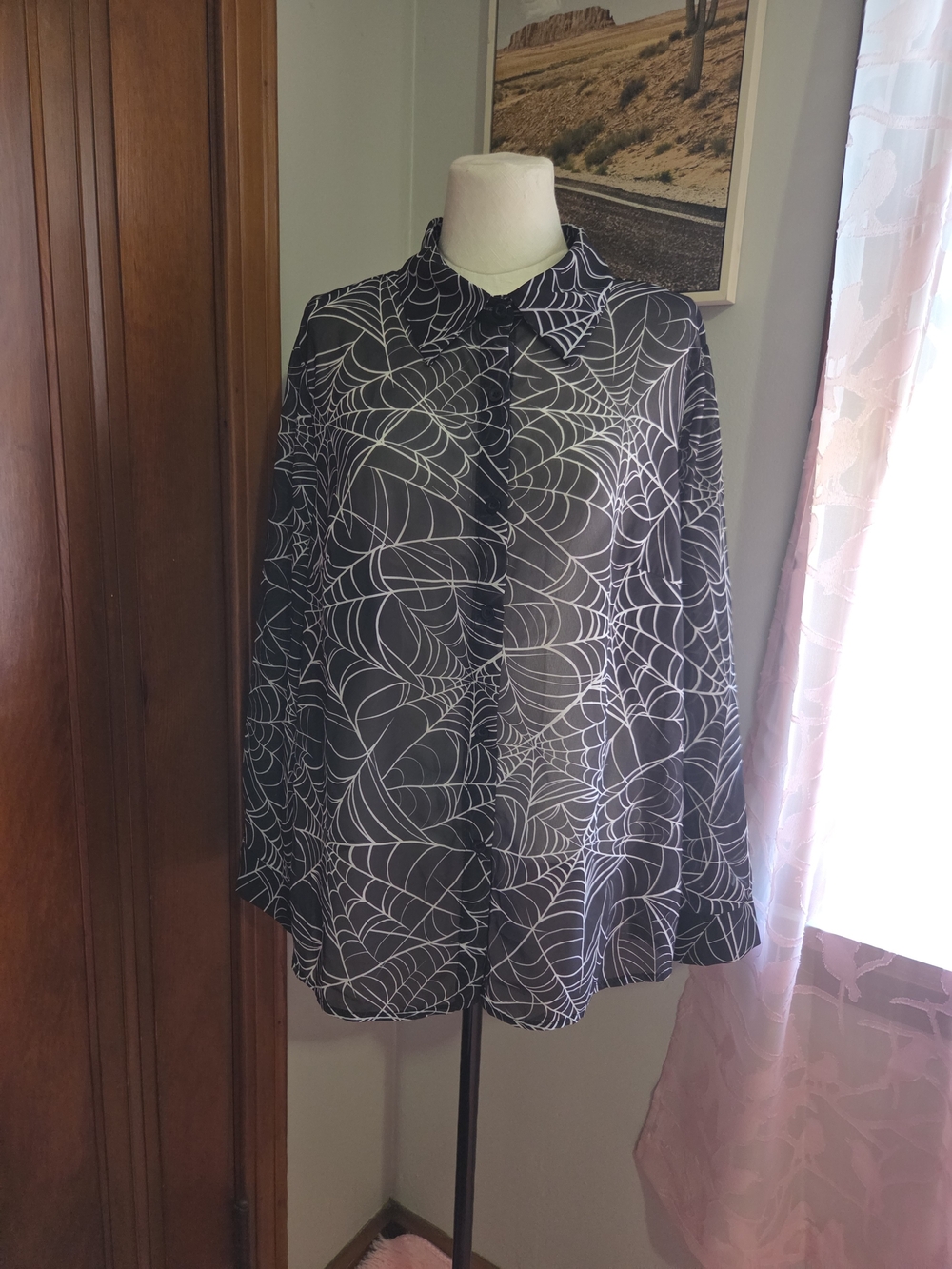 SHEIN Black Blouse with White Spiderweb Print